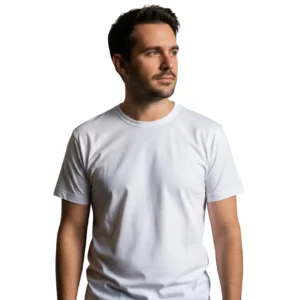 Man wearing Vastra Savvy white regular fit t-shirt front view, casual cotton wear for men